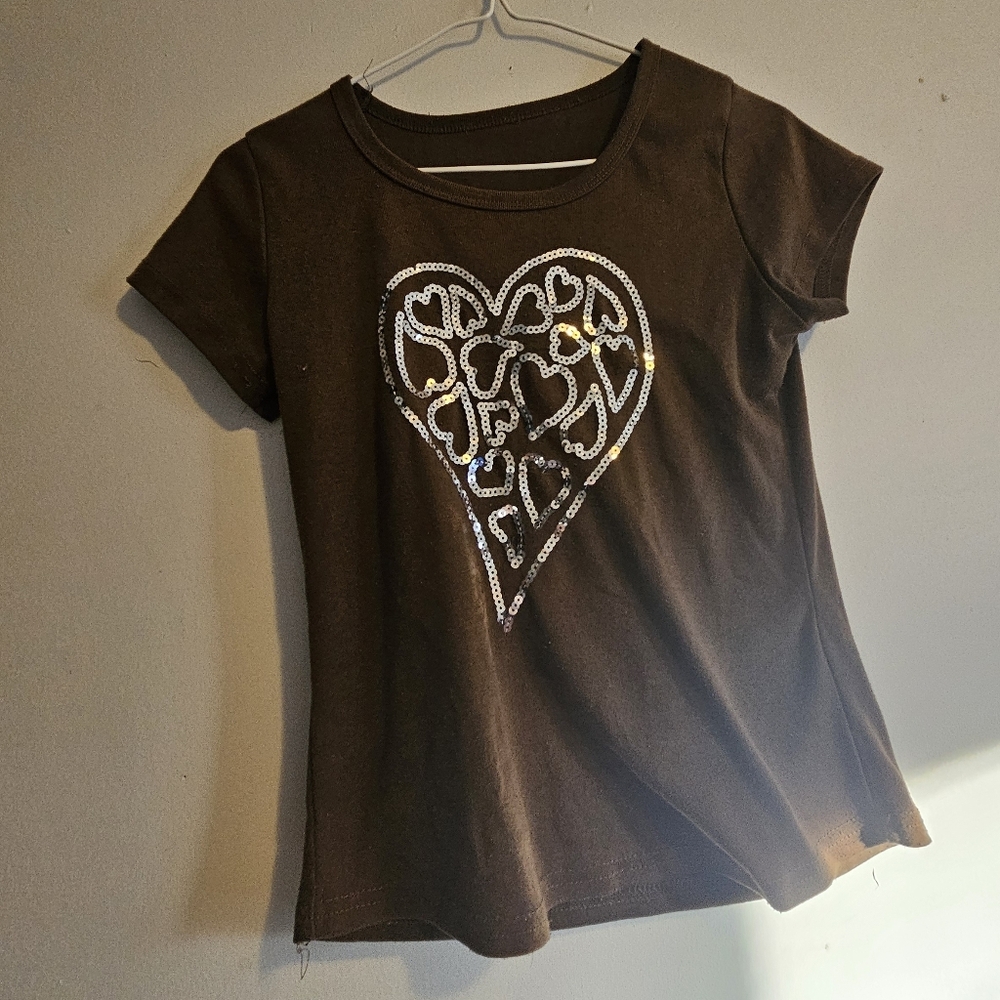 Sequin Heart Early 2000s Baby Tee Brown Womens Shirt Small